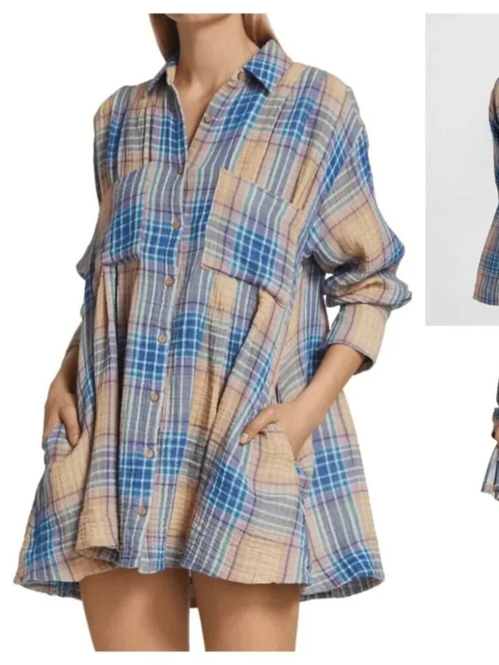 Free People‎ The Voyage Shirtdress Tunic Sunrise Combo Gauzy Plaid Size S